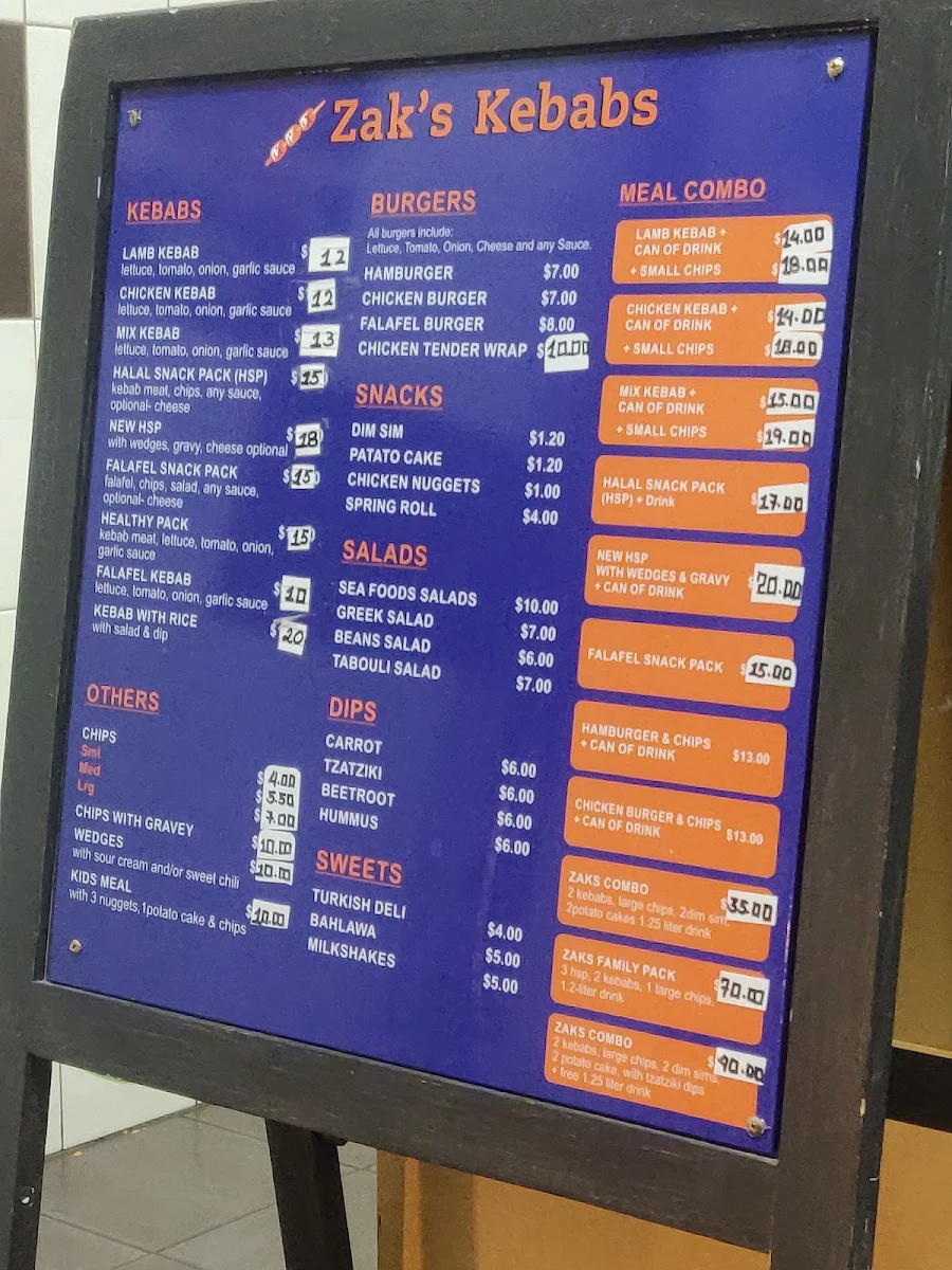 Menu, Zak's Kebabs