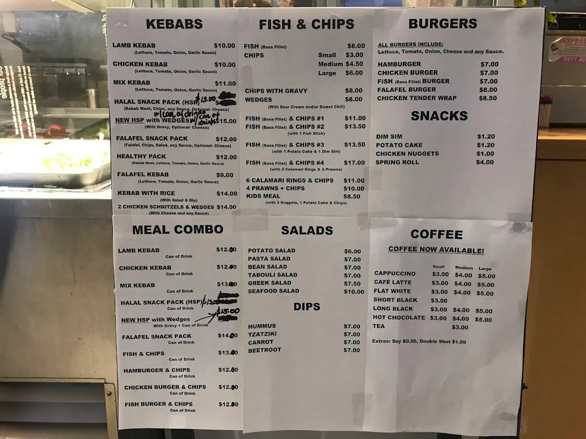 Menu, Zak's Kebabs