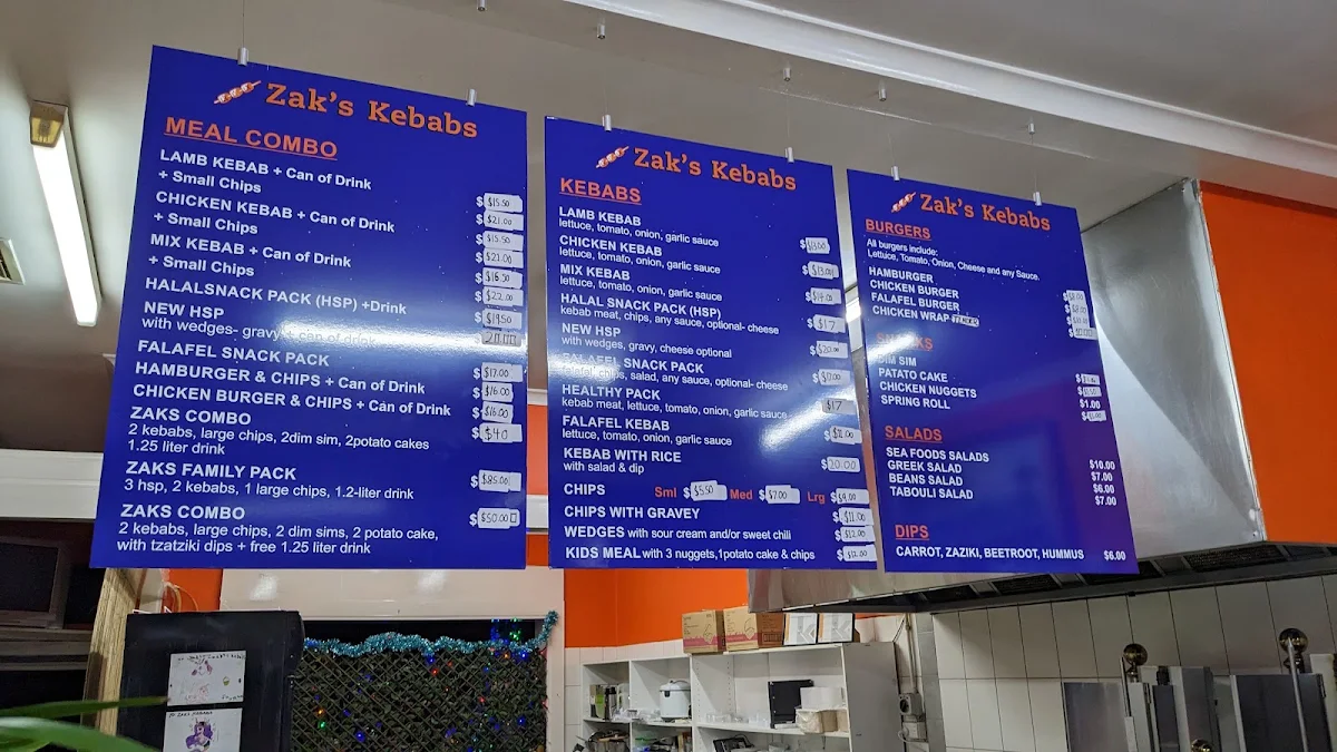Menu, Zak's Kebabs