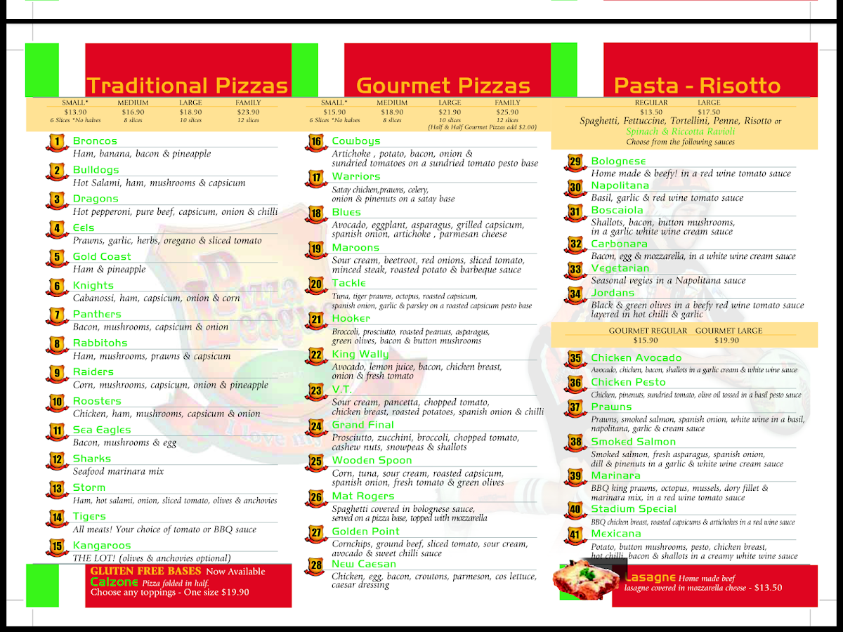 Menu, Pizza League