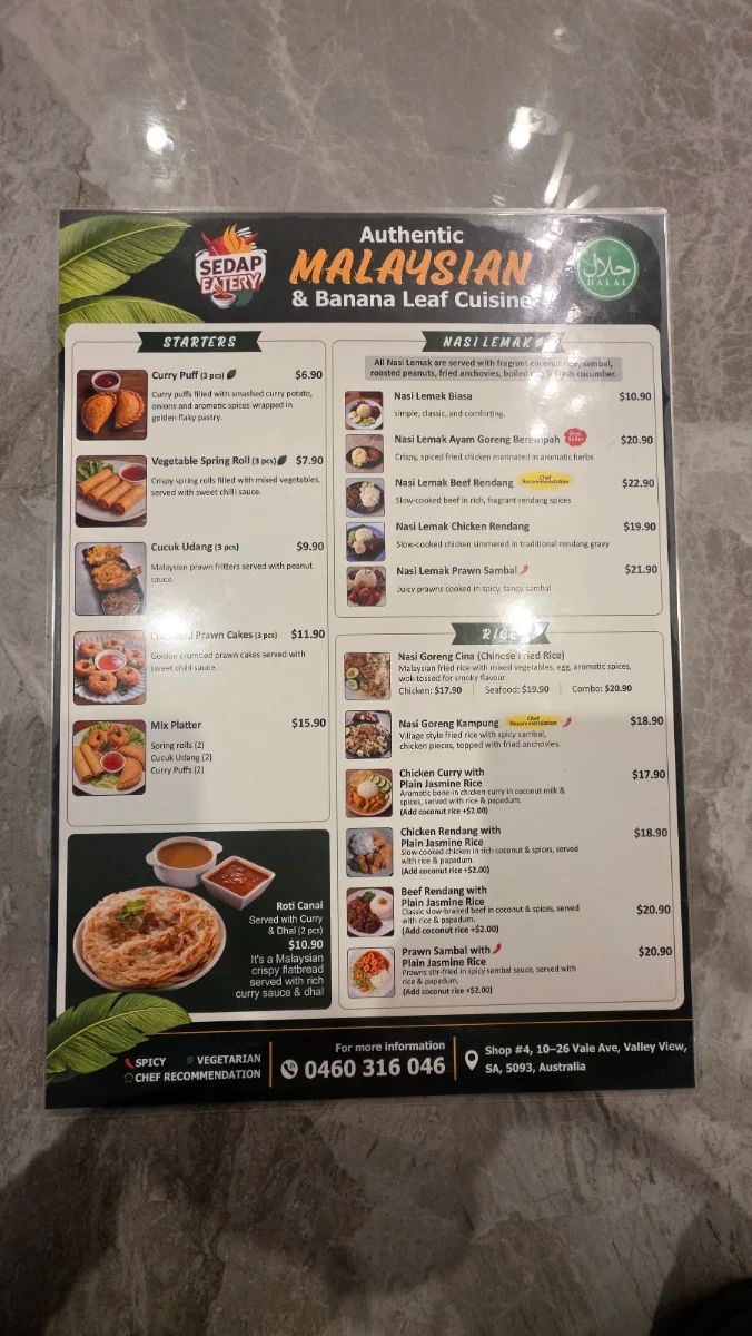 Menu, Sedap Eatery - Authentic Malaysian & Banana Leaf Cuisine