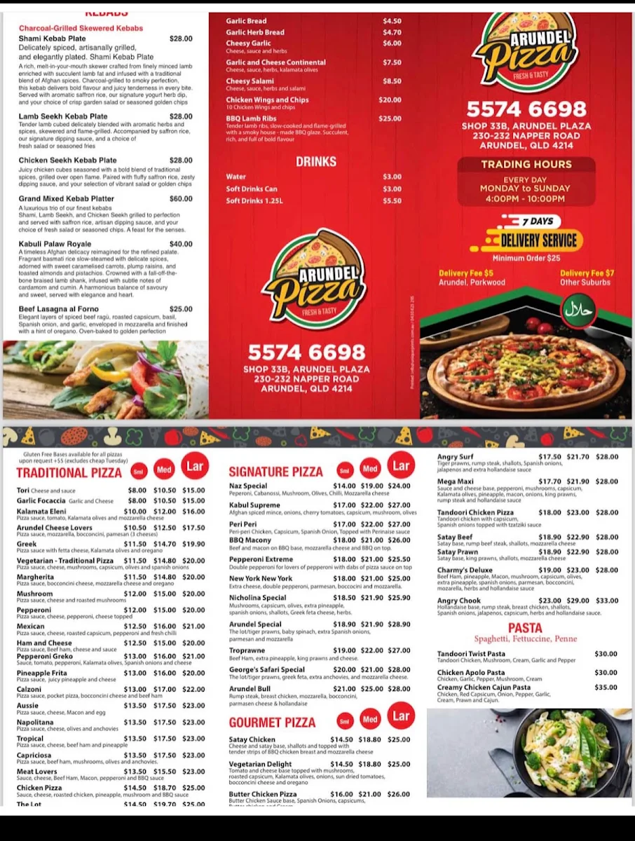 Menu, Arundel Pizza