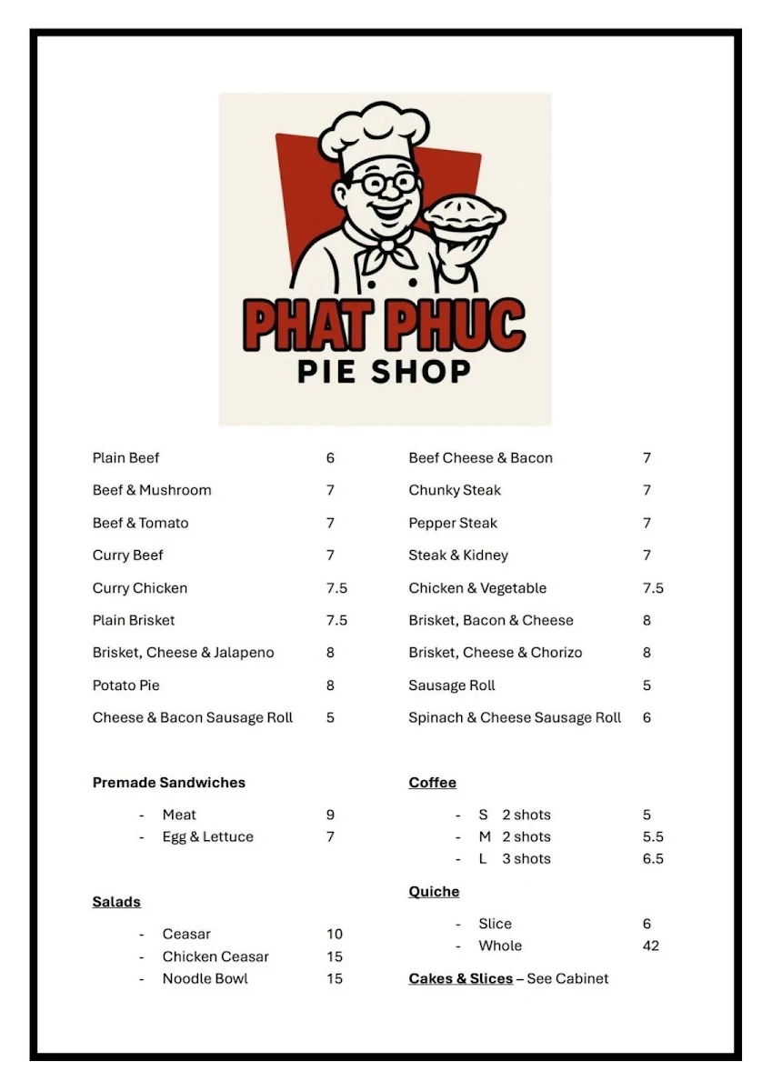 Menu, Phat Phuc Pie Shop