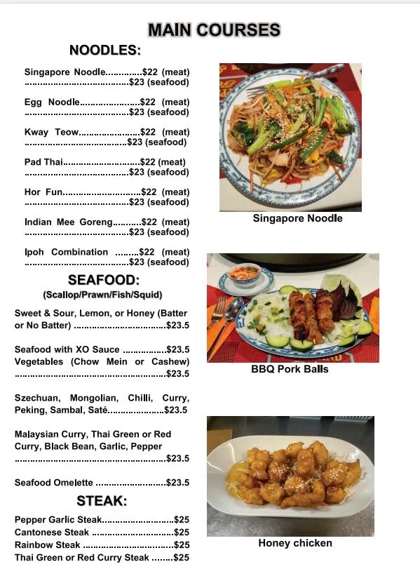 Menu, Gippsland Palace Asian Restaurant
