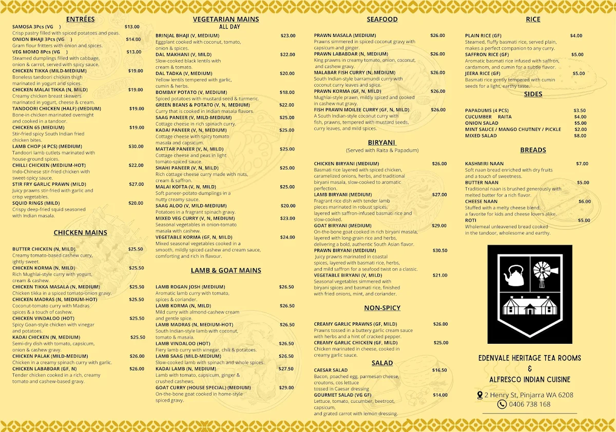 Menu, Alfresco Indian Cuisine Pinjarra
