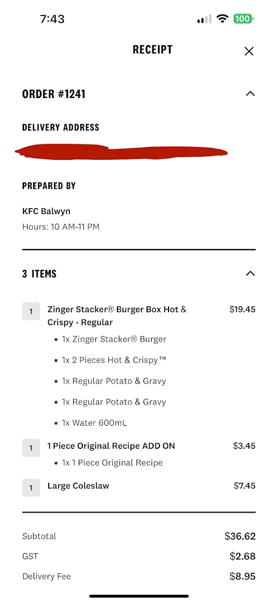 Menu, KFC Balwyn