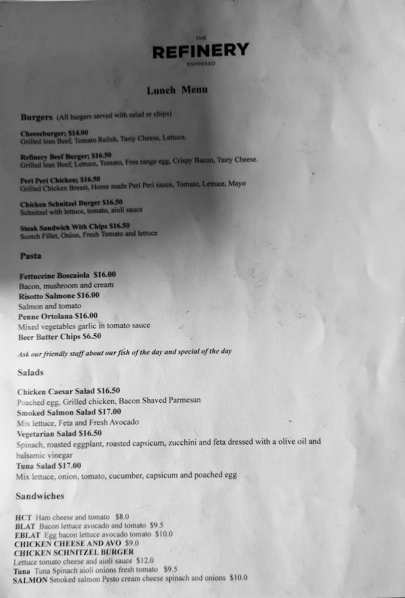 Menu, The Refinery espresso