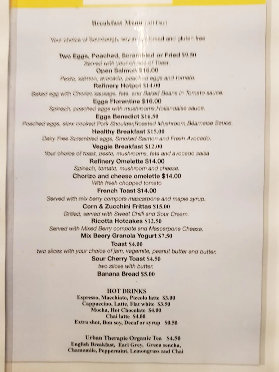 Menu, The Refinery espresso