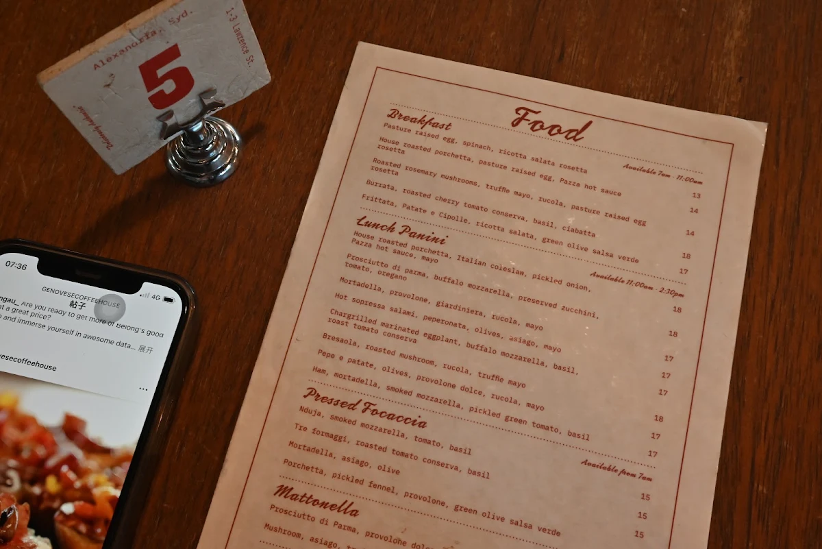 Menu, Genovese Coffee House