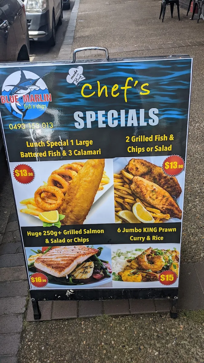 Menu, Blue Marlin Fish and Chips
