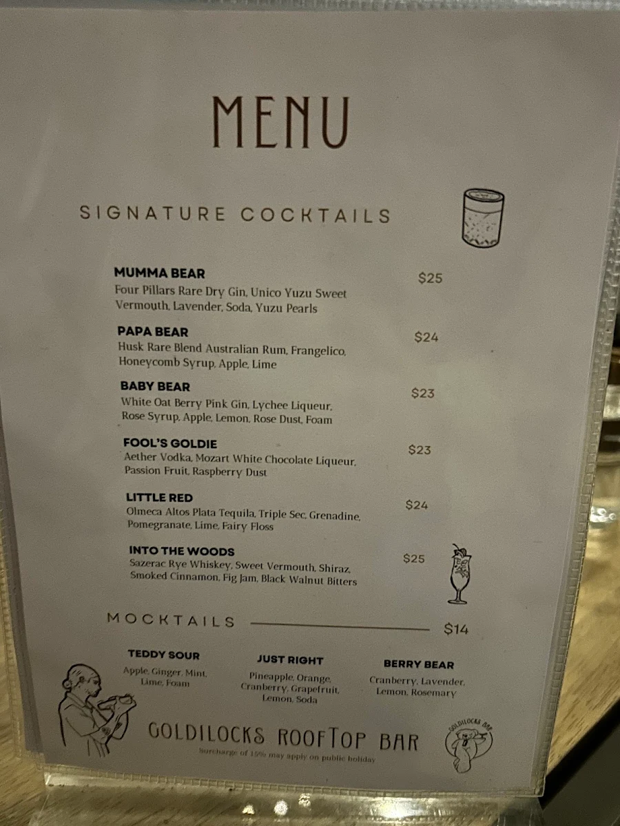 Menu, Goldilocks Rooftop Bar