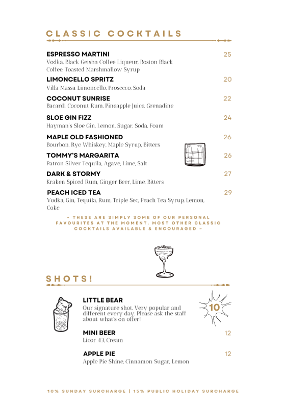 Menu, Goldilocks Rooftop Bar