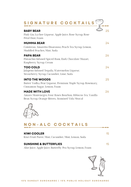 Menu, Goldilocks Rooftop Bar