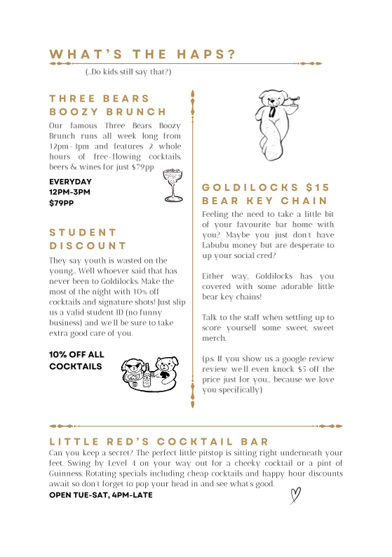 Menu, Goldilocks Rooftop Bar