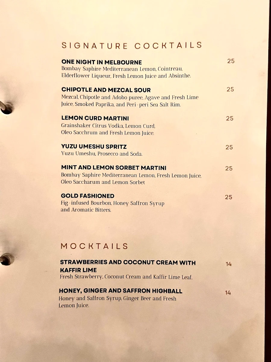 Menu, Goldilocks Rooftop Bar