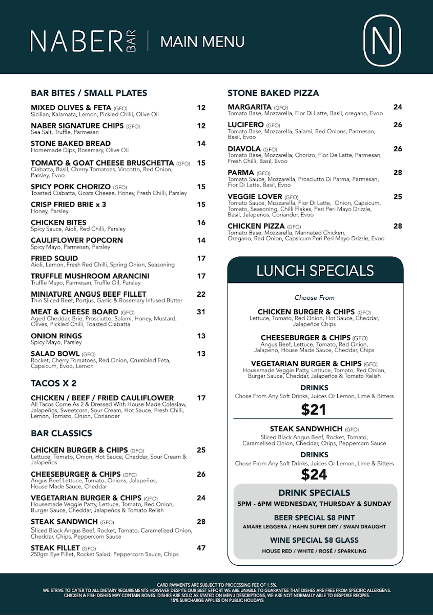 Menu, Naber Bar Leederville