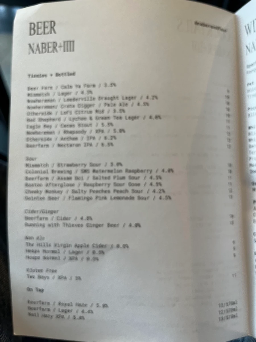 Menu, Naber Bar Leederville