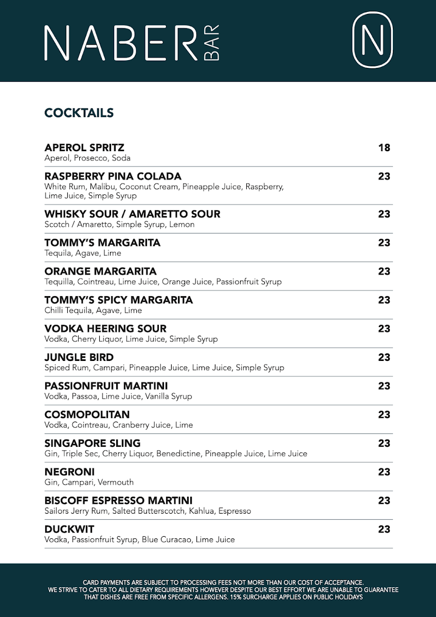 Menu, Naber Bar Leederville