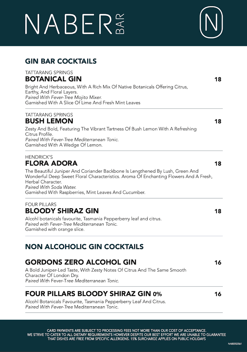 Menu, Naber Bar Leederville