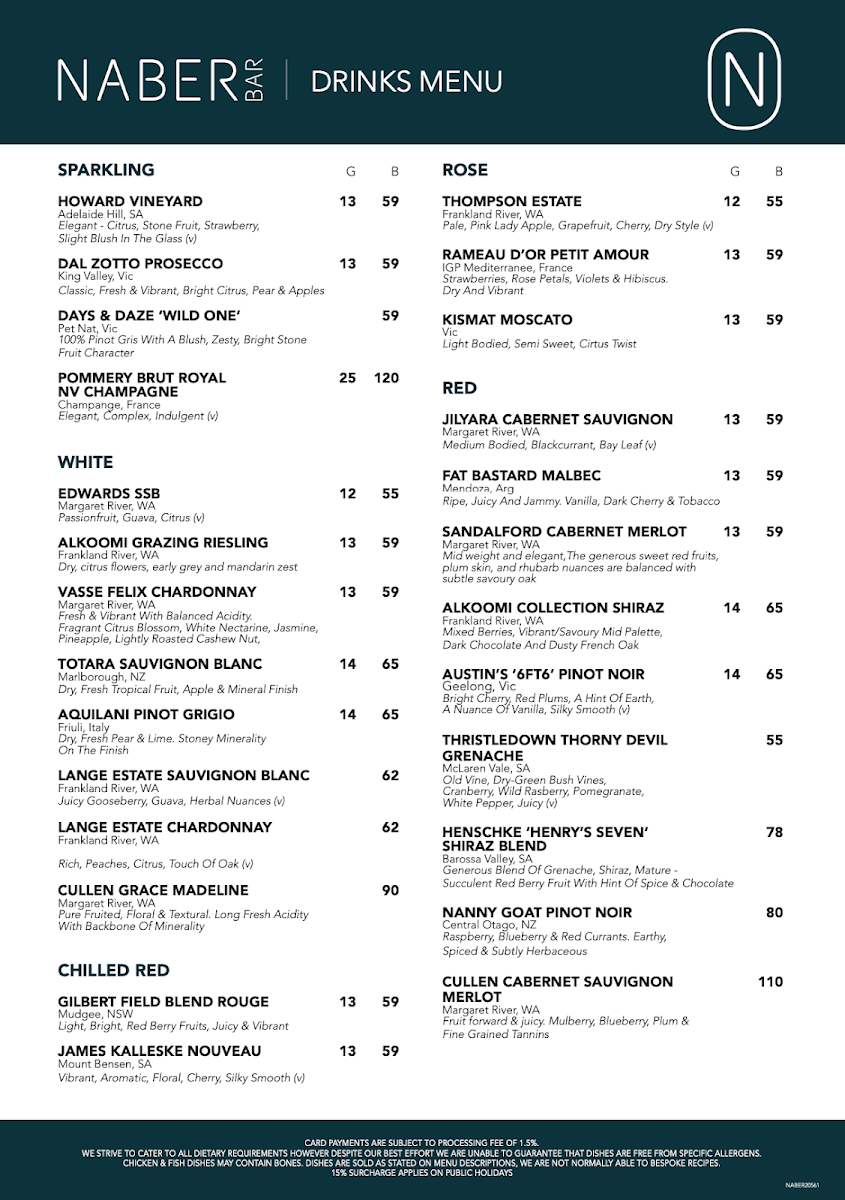 Menu, Naber Bar Leederville