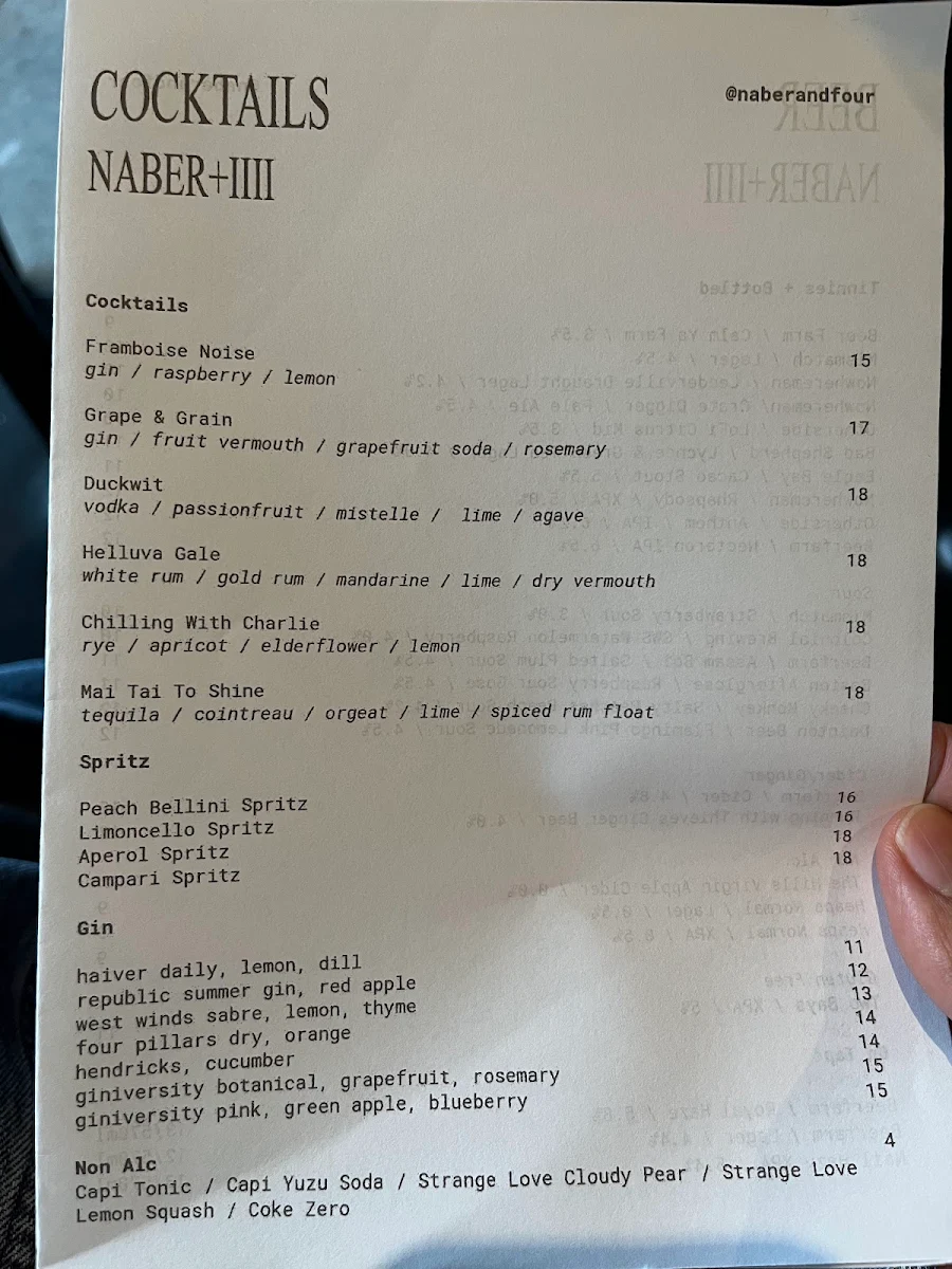Menu, Naber Bar Leederville