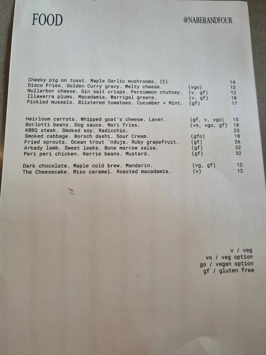 Menu, Naber Bar Leederville