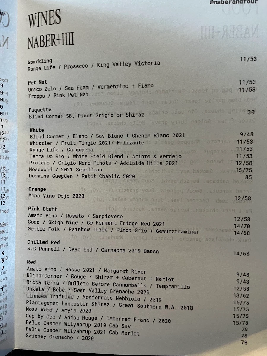 Menu, Naber Bar Leederville