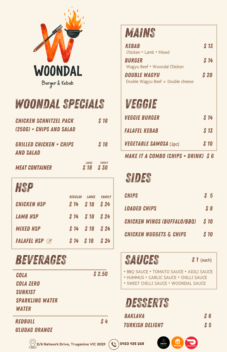 Menu, Woondal Burger & Kebab