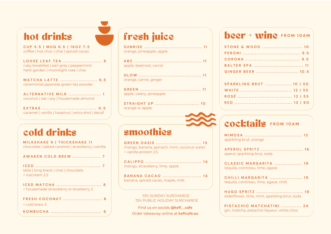 Menu, Kefi Cafe