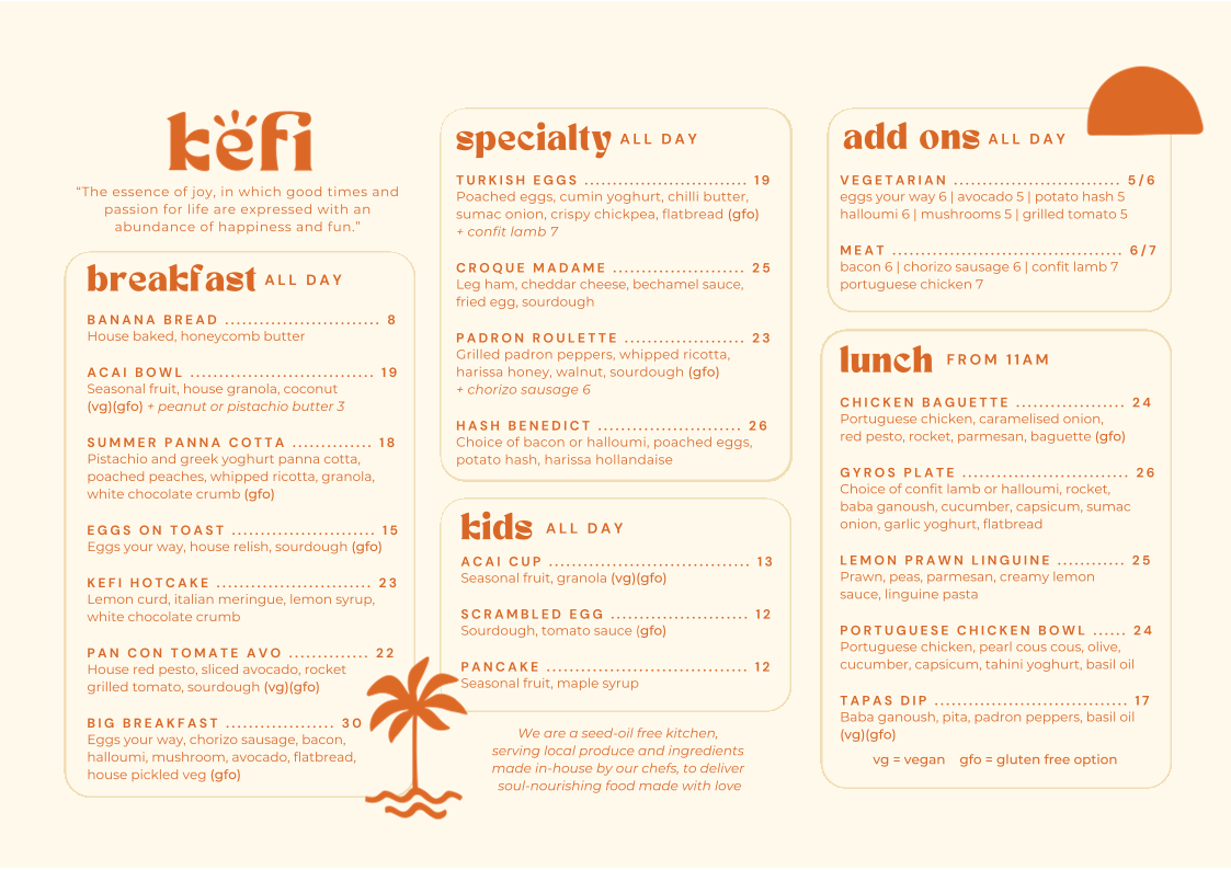 Menu, Kefi Cafe