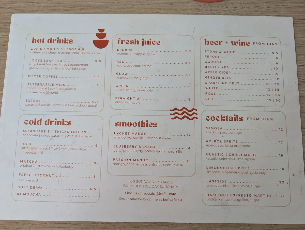 Menu, Kefi Cafe