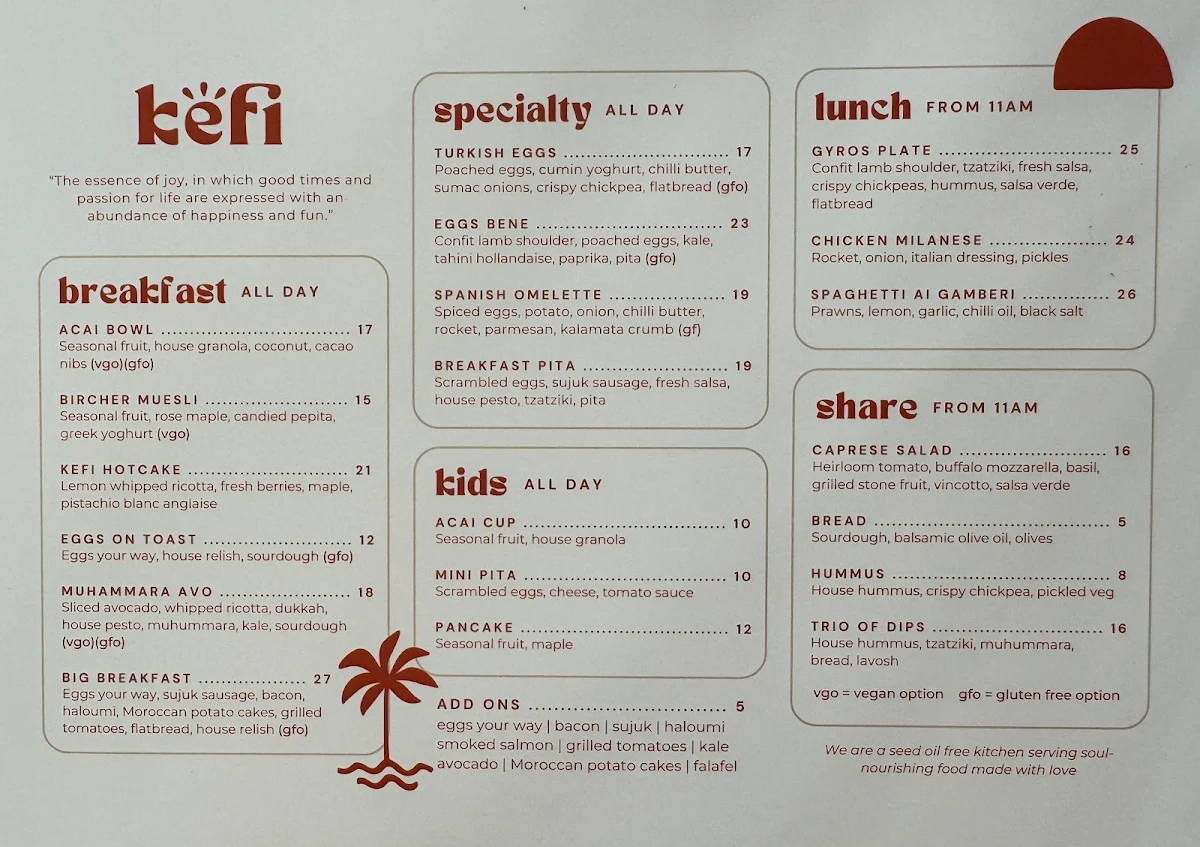 Menu, Kefi Cafe