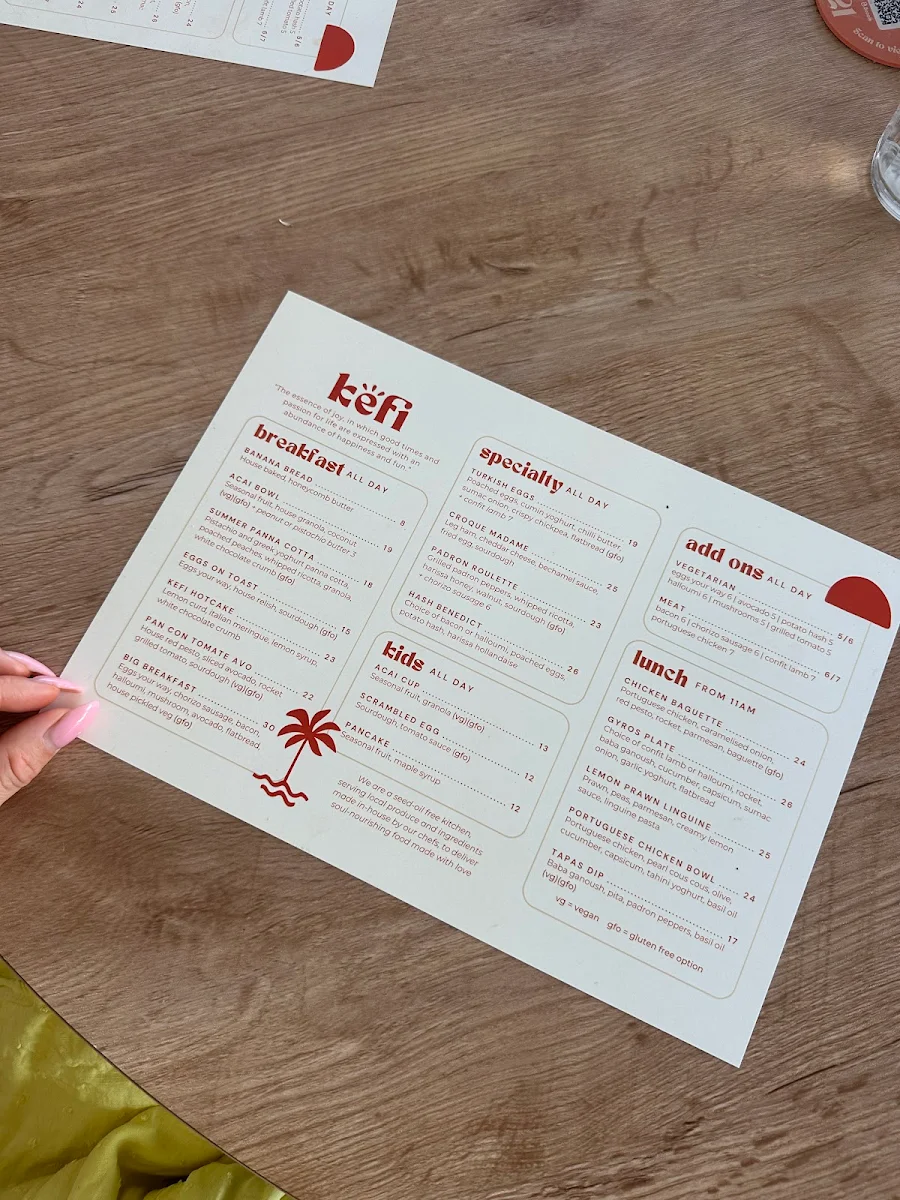Menu, Kefi Cafe