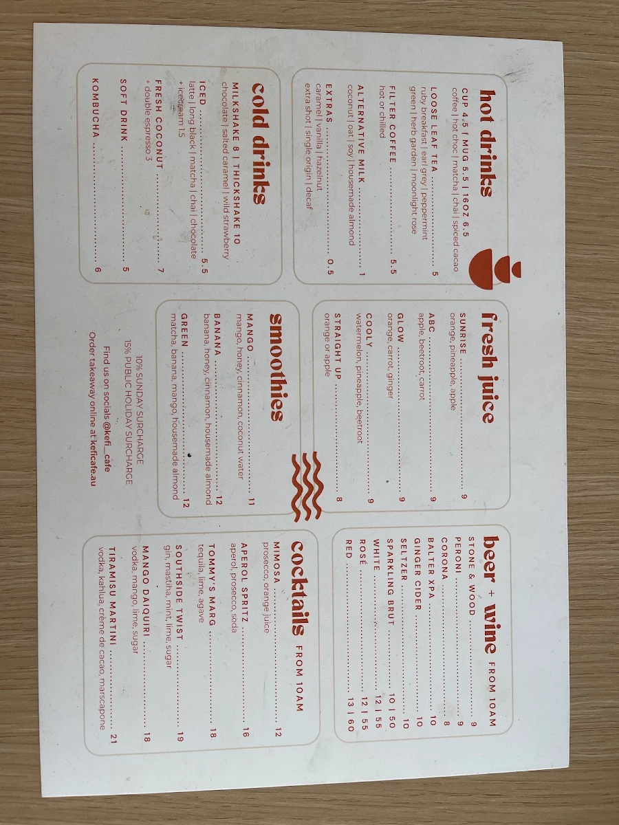 Menu, Kefi Cafe