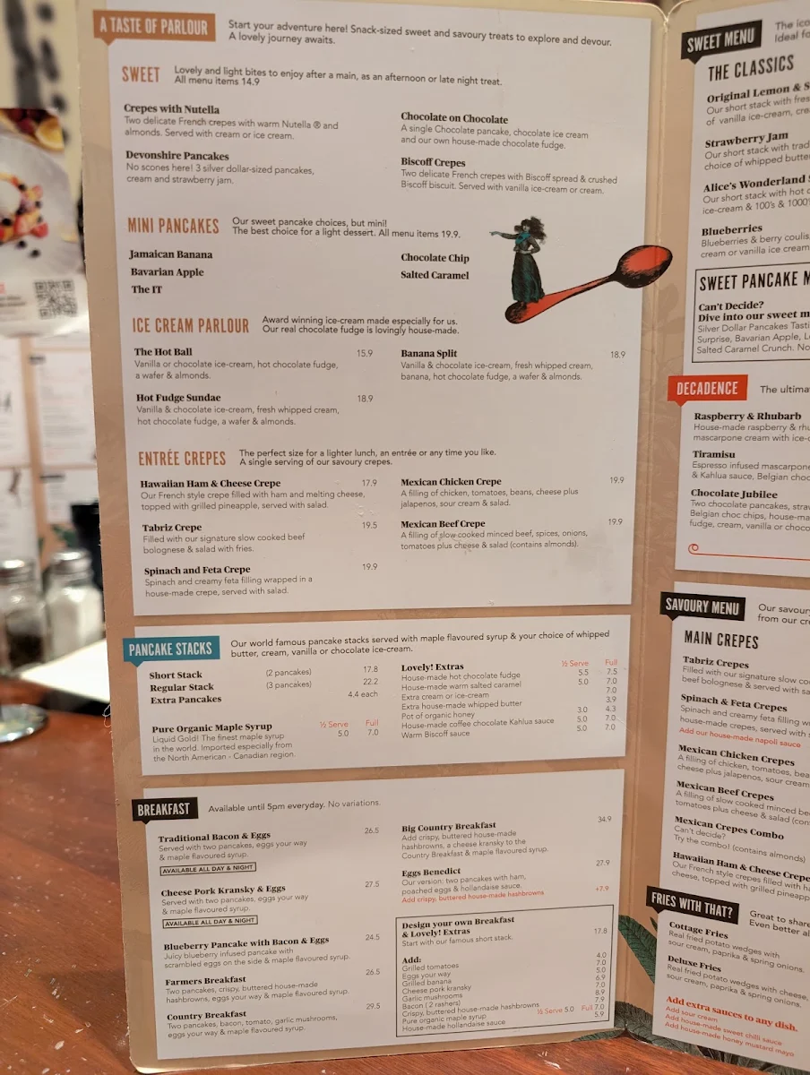 Menu, The Pancake Parlour Highpoint