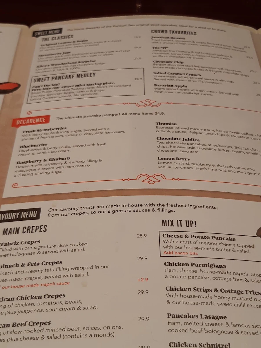 Menu, The Pancake Parlour Highpoint