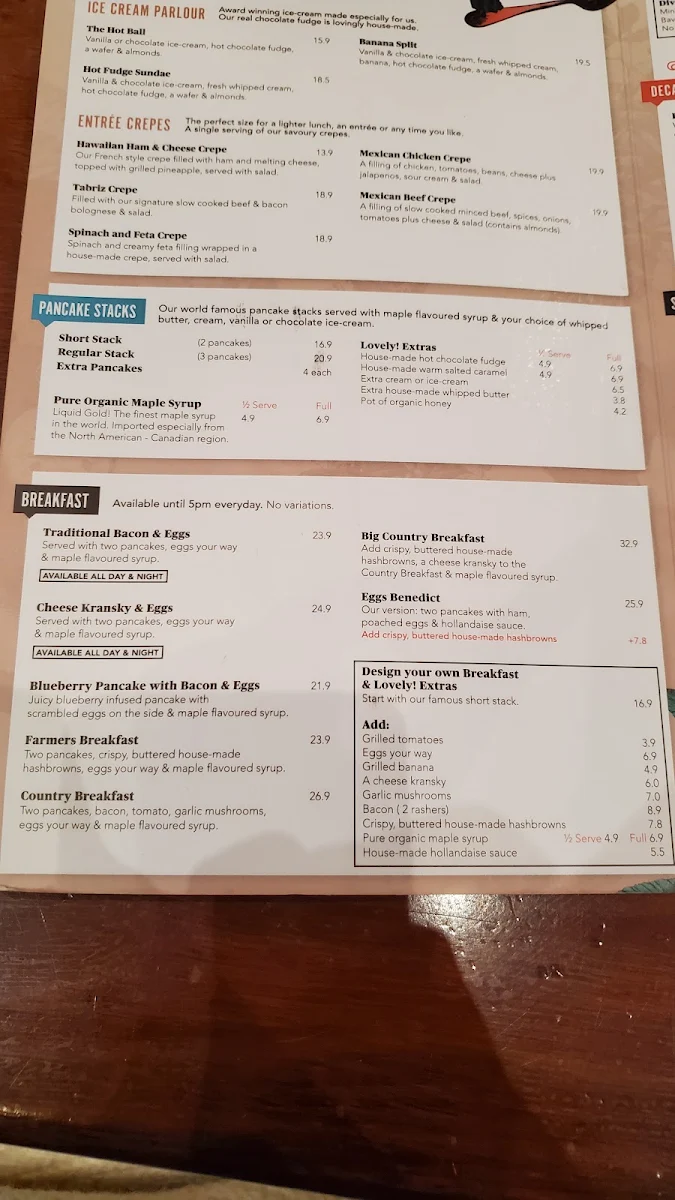 Menu, The Pancake Parlour Highpoint