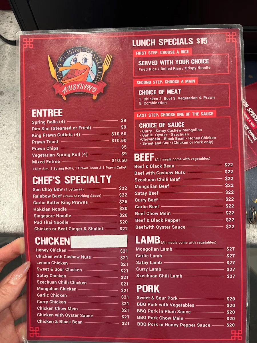 Menu, Austsino Chinese Cuisine