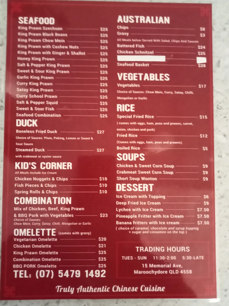 Menu, Austsino Chinese Cuisine