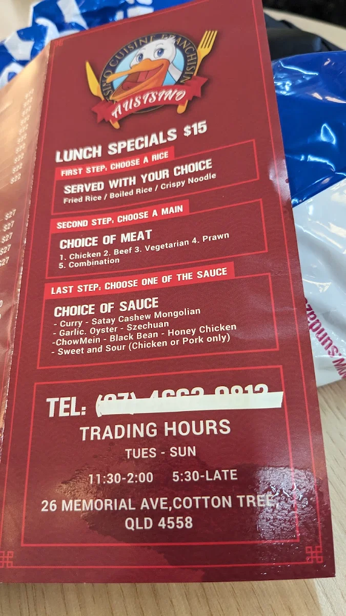 Menu, Austsino Chinese Cuisine