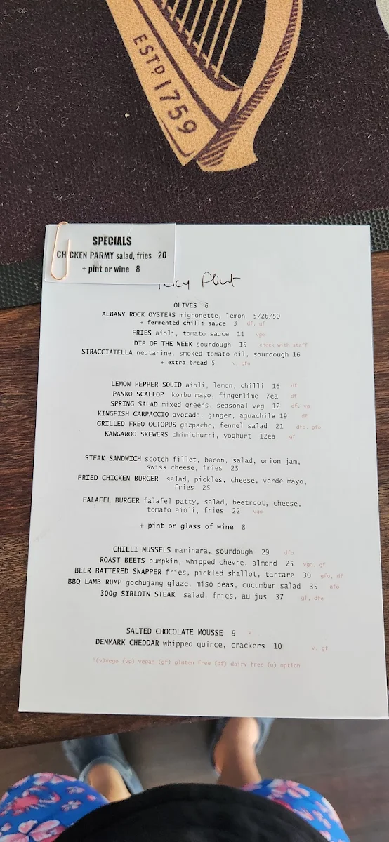 Menu, Percy Flint
