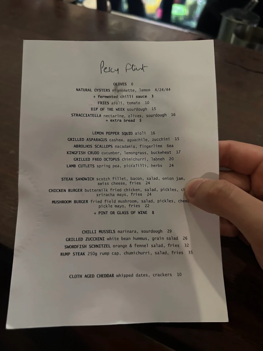 Menu, Percy Flint
