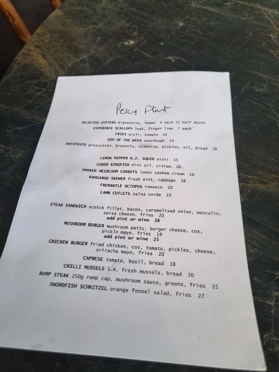 Menu, Percy Flint