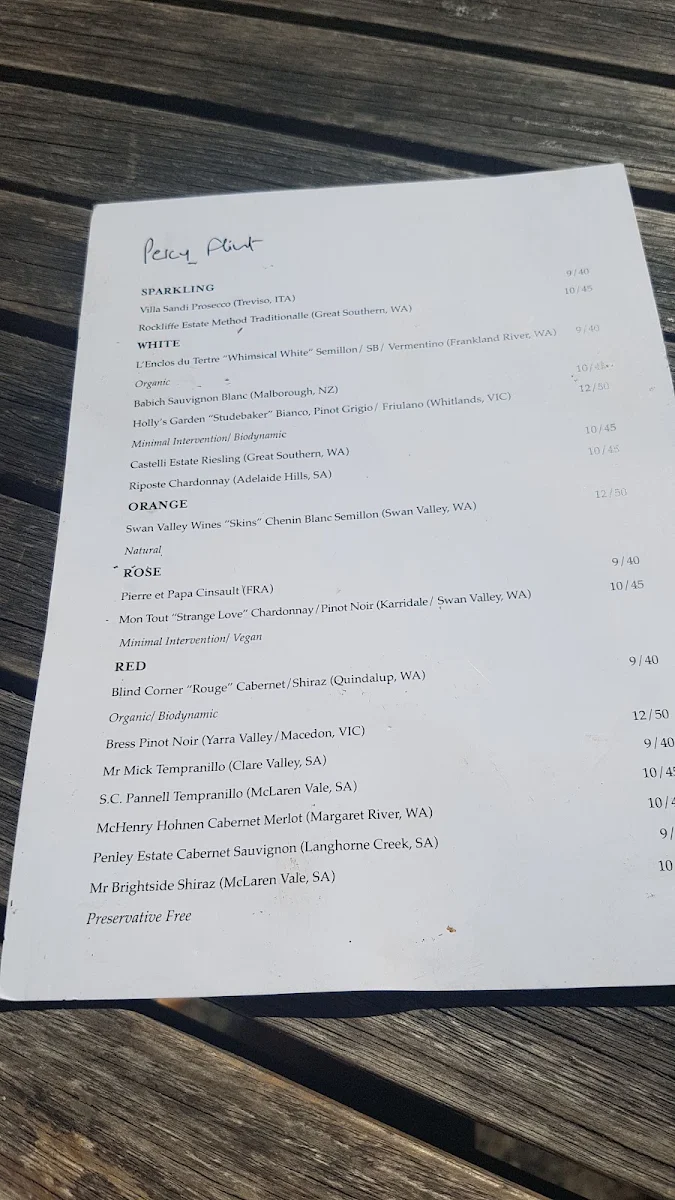 Menu, Percy Flint