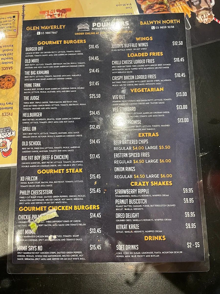 Menu, Pounders Burgers & Krispy Chook - Balwyn North