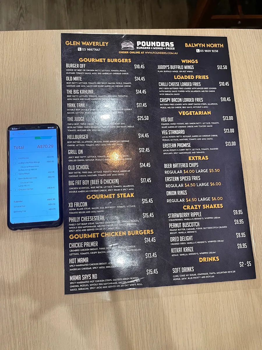 Menu, Pounders Burgers & Krispy Chook - Balwyn North