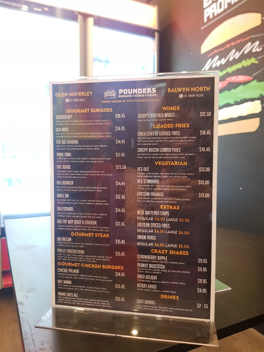 Menu, Pounders Burgers & Krispy Chook - Balwyn North