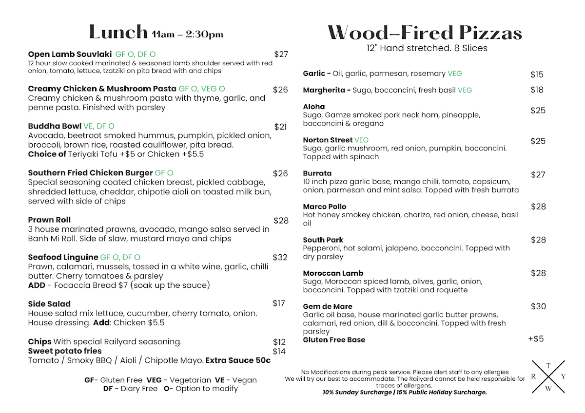 Menu, The Railyard Wangaratta
