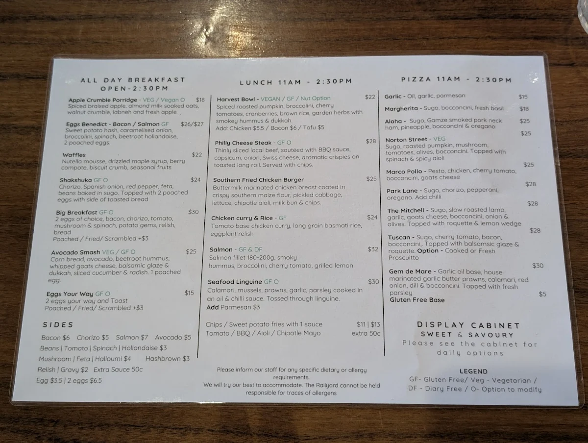 Menu, The Railyard Wangaratta