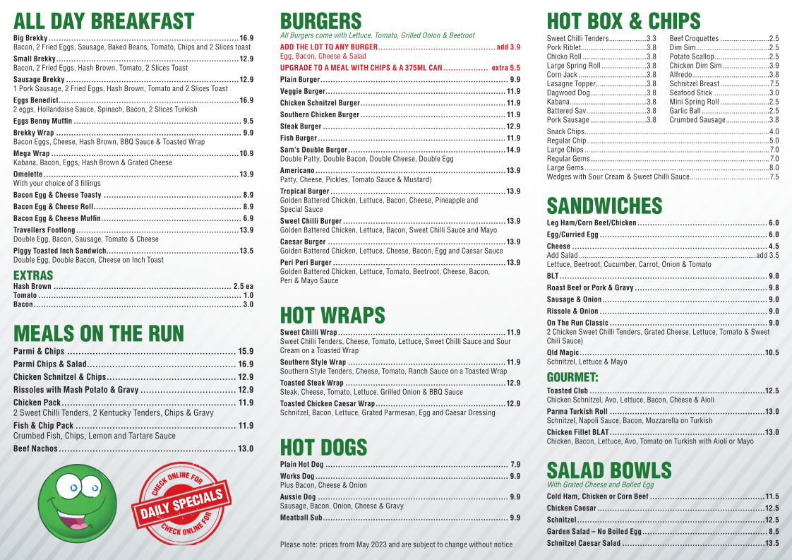 Menu, On The Run Cafe